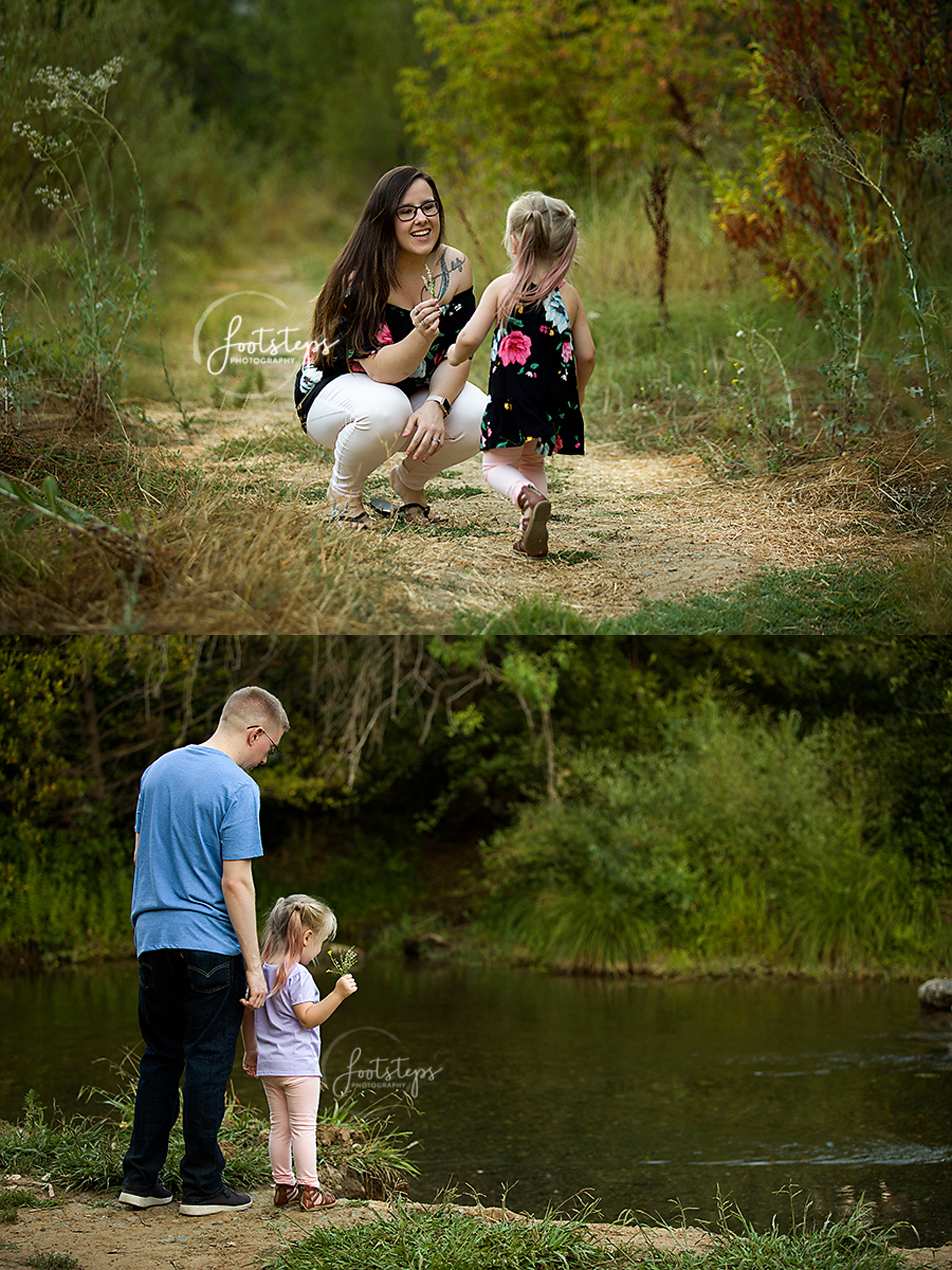 father skipping rocks with daughter by creek