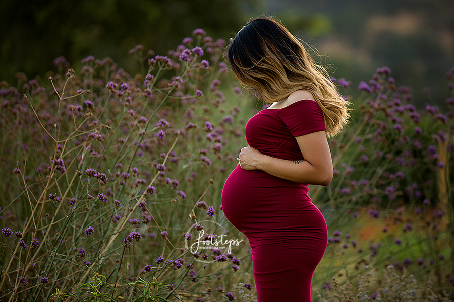 Mom in red maternity dress vacaville farm