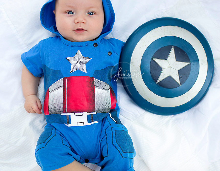 baby captain america footsteps photography