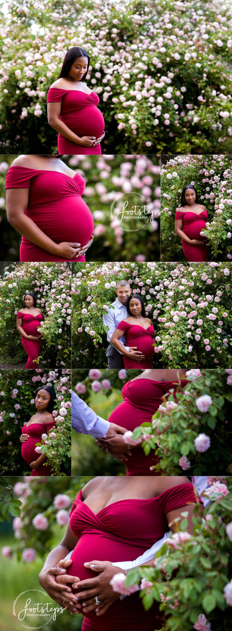maternity session mother and father posing by roses